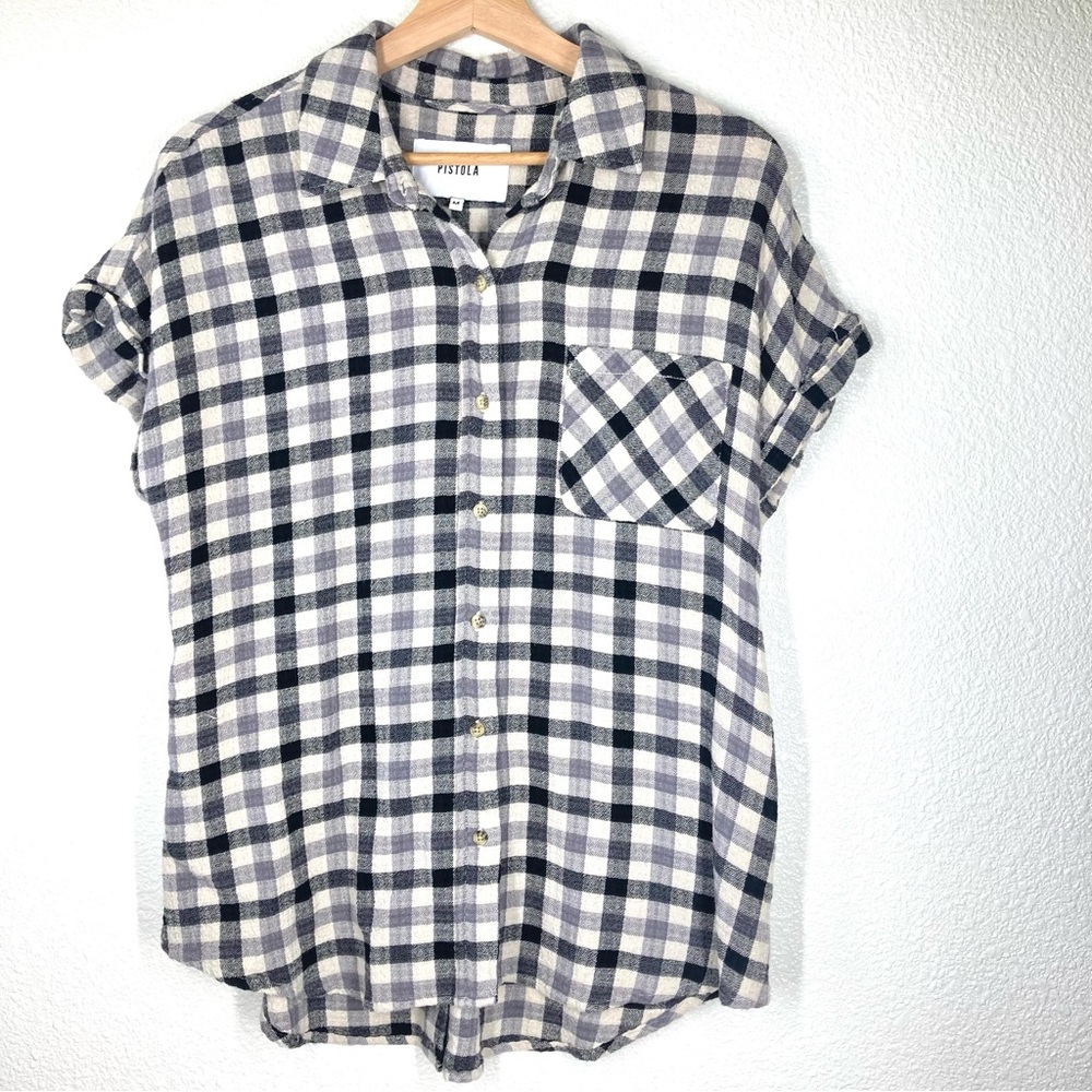Pistola Womens Plaid Shirt Medium Short Sleeves Button Down Rayon Black Cream